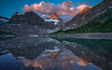 озеро, горы, снег, отражение, канада, британская колумбия