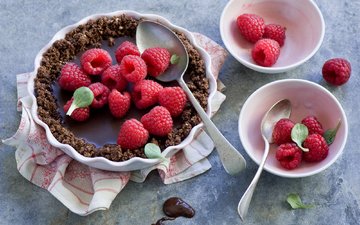 малина, ягоды, шоколад, сладкое, десерт, пирог, ложки, chocolate tart