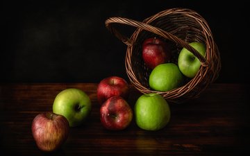 фрукты, яблоки, красные, зеленые, плоды, корзинка, натюрморт