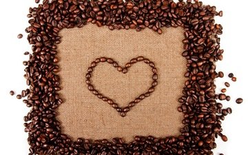 зерна, кофе, сердце, сердечка, бобы