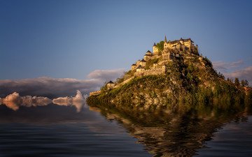 вода, отражение, скала, замок, австрия, фотошоп, замок гохостервитц, каринтия