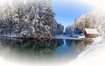 река, снег, природа, лес, зима, отражение, домик, дереввья, охотничий