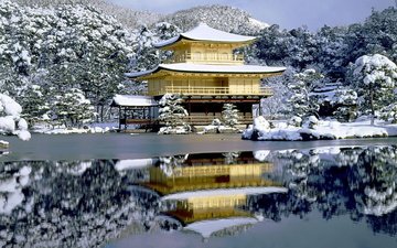 деревья, озеро, снег, храм, зима, отражение, пагода, япония, киото, золотой павильон, кинкаку-дзи, кинкакудзи