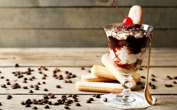 мороженое, зерна, кофе, мороженное, печенье, выпечка, десерт, деревянная поверхность