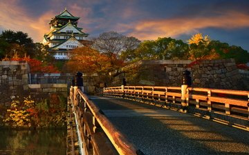 небо, деревья, мост, осень, водоем, пагода, япония, солнечно