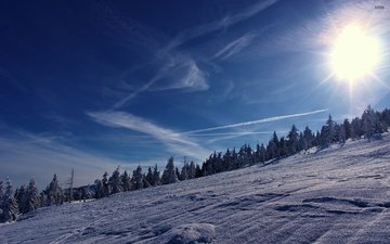 небо, деревья, горы, солнце, снег, зима