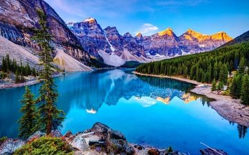 деревья, вода, озеро, горы, скалы, природа, листья, отражение, осень, канада, национальный парк, озеро морейн, банф