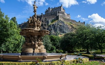 парк, замок, фонтан, скульптуры, шотландия, эдинбург, эдинбургский замок