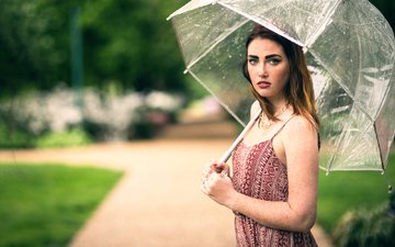 девушка, лето, взгляд, модель, зонт, кети, веснушки, rainy morning