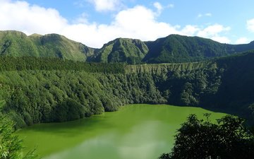 озеро, горы, природа, пейзаж, португалия, азорские острова