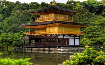 деревья, озеро, храм, япония, киото, золотой павильон, пагоды, кинкаку-дзи, кинкакудзи