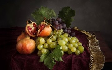 виноград, фрукты, натюрморт, скатерть, гранат, бахрома
