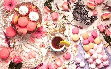 маска, роза, розовый, чай, ожерелье, пирожные, гербера, макаруны