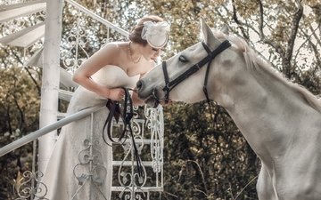 лошадь, белый, конь, азиатка, невеста