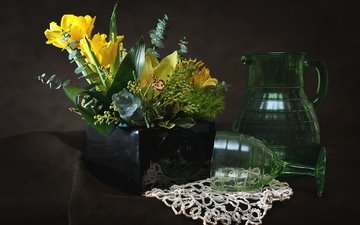 желтый, бокал, тюльпан, кувшин, орхидея, альстромерия