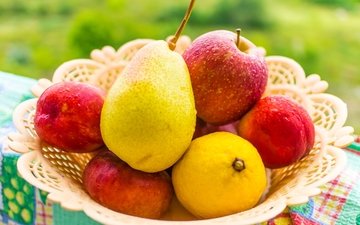 фрукты, лимон, яблоко, персик, груша