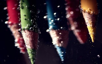 вода, макро, фон, капли, цвет, карандаши, цветные, пузырьки, цветные карандаши