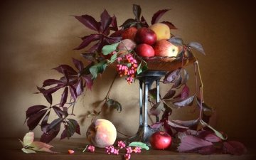 листья, яблоки, осень, персики, натюрморт