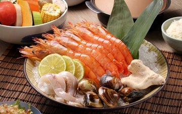 лимон, овощи, морепродукты, креветки, кальмары, моллюски