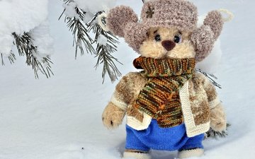 снег, зима, игрушка, шапка, шарф, мягкая игрушка