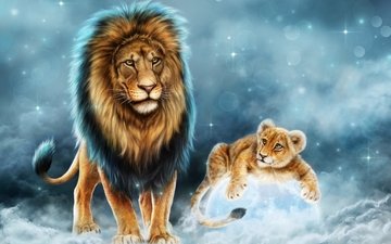 животные, хищник, царь, лев, отец, львёнок, сын