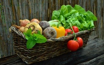 лук, корзина, овощи, помидоры, перец, салат, свекла