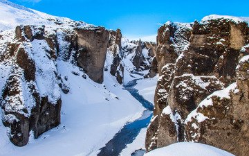 река, скалы, снег, зима, исландия
