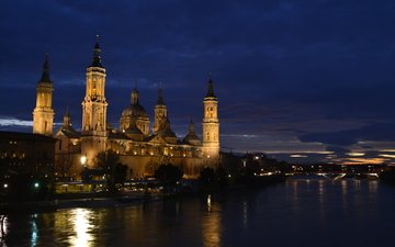 ночь, река, испания, сарагоса, базилика-де-нуэстра-сеньора-дель-пилар