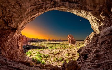 скалы, луна, сша, пещера, арка, национальный парк арки, штат юта