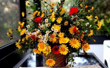 цветы, букет, окно, корзинка