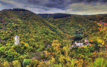 горы, лес, замок, осень, германия, treis-karden, wildburg