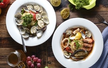 морепродукты, блюда, моллюски, паста