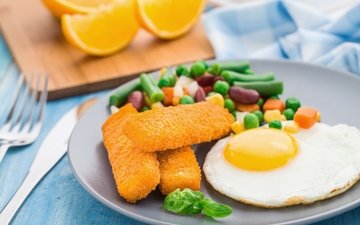 апельсин, овощи, яйцо, яицо, рыбные палочки