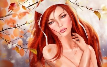 листья, девушка, осень, рыжая