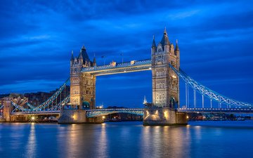 небо, ночь, река, великобритания, лондон, темза, англия, синее, освещение, тауэрский мост, столица