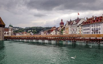 река, мост, швейцария, башня, здания, лебеди, kapellbrücke, wasserturm, reuss river, люцерн, мост капельбрюкке, башня вассертурм, река ройсс