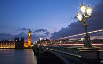 небо, облака, фонари, огни, вечер, река, тучи, мост, великобритания, лондон, темза, город, англия, архитектура, синее, освещение, выдержка, биг бен, трафик, столица