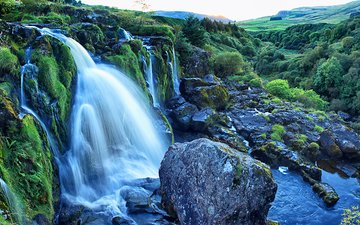 камни, зелень, кусты, водопад, шотландия, loup of fintry