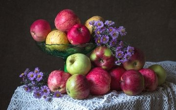 цветы, фрукты, яблоки, осень, плоды, астра, татарская