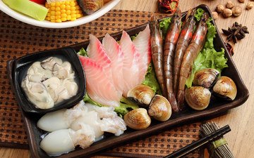 рыба, морепродукты, креветки, кальмары, японская кухня, ассорти, бадьян, блюда, моллюски, мускатный орех