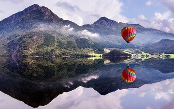 озеро, природа, отражение, пейзаж, воздушный шар