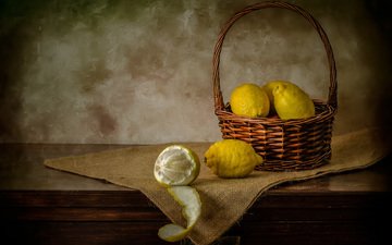 фрукты, корзинка, столик, натюрморт, лимоны, цитрусы