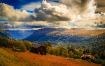 небо, облака, горы, лес, дом, норвегия, национальный парк, хардангервидда