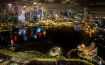 ночь, огни, небоскребы, здания, сингапур
