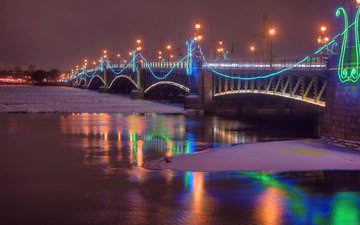 ночь, фонари, огни, река, снег, зима, мост, россия, набережная, санкт-петербург