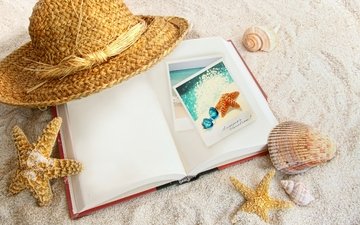 берег, стиль, песок, пляж, ракушки, фотографии, отдых, книга, шляпа, морские звезды, пляжный натюрморт