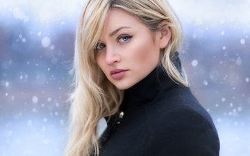 снег, зима, девушка, блондинка, портрет, взгляд, волосы, лицо