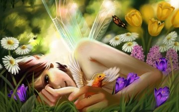 цветы, девушка, бабочка, фея, птица