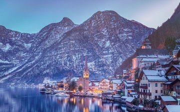озеро, горы, зима, австрия, дома, альпы, гальштат, гальштатское озеро
