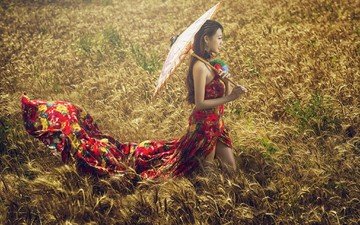 девушка, платье, поле, модель, пшеница, зонтик, азиатка, cheongsam